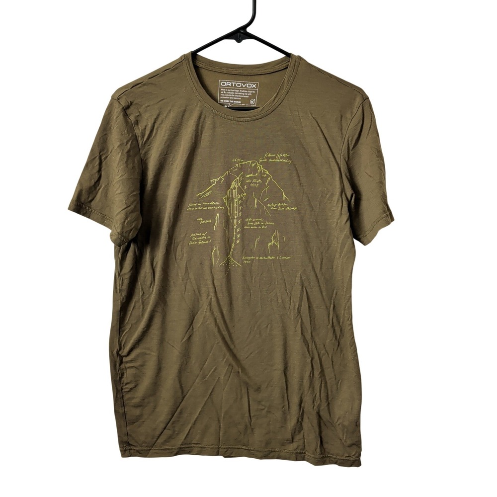 Ortovox Mens Merino Wool Mountain Graphic T-Shirt Olive Green Size M Climbing